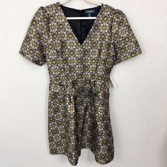 ModCloth Women Cocktails At Golden Hour Mini Dress Sz 14 Fit Flare Jacquard Gold - Picture 1 of 10